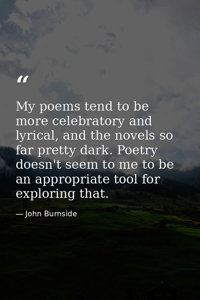 My poems tend to be more celebratory and lyrical, and the novels so far pretty dark. Poetry doesn't seem to me to be an  — John Burnside