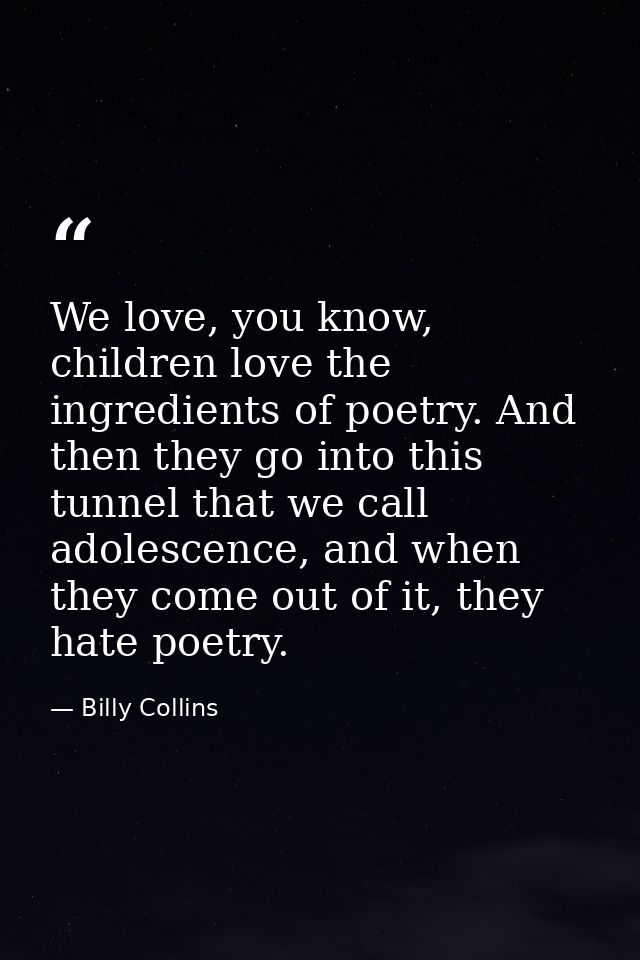 We love, you know, children love the ingredients of poetry. And then they go into this tunnel that we call adolescence,  — Billy Collins