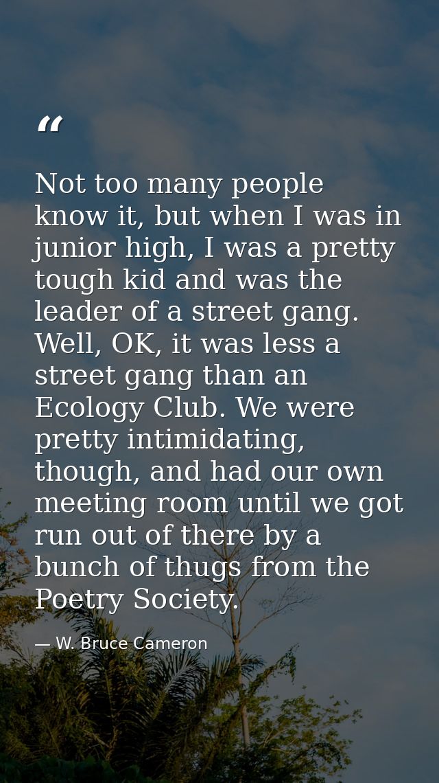 Not too many people know it, but when I was in junior high, I was a pretty tough kid and was the leader of a street gang — W. Bruce Cameron