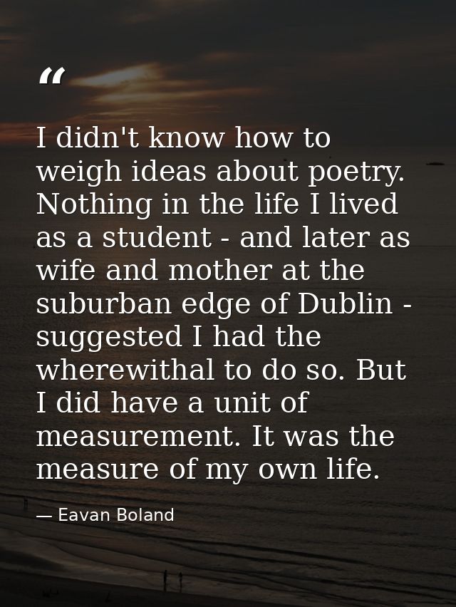 I didn't know how to weigh ideas about poetry. Nothing in the life I lived as a student - and later as wife and mother a — Eavan Boland