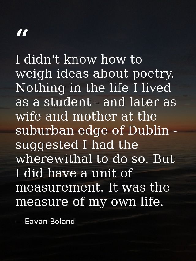 I didn't know how to weigh ideas about poetry. Nothing in the life I lived as a student - and later as wife and mother a — Eavan Boland