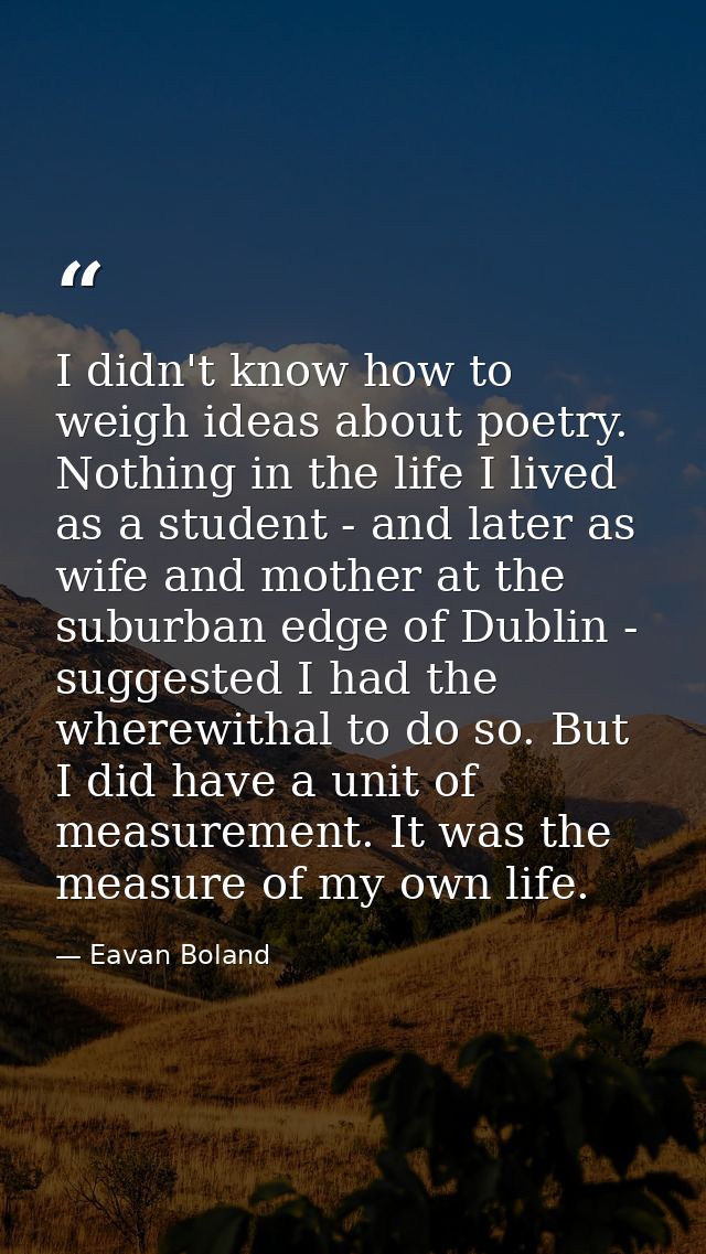 I didn't know how to weigh ideas about poetry. Nothing in the life I lived as a student - and later as wife and mother a — Eavan Boland