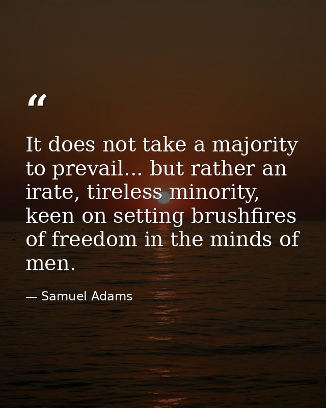 It does not take a majority to prevail... but rather an irate, tireless minority, keen on setting brushfires of freedom  — Samuel Adams
