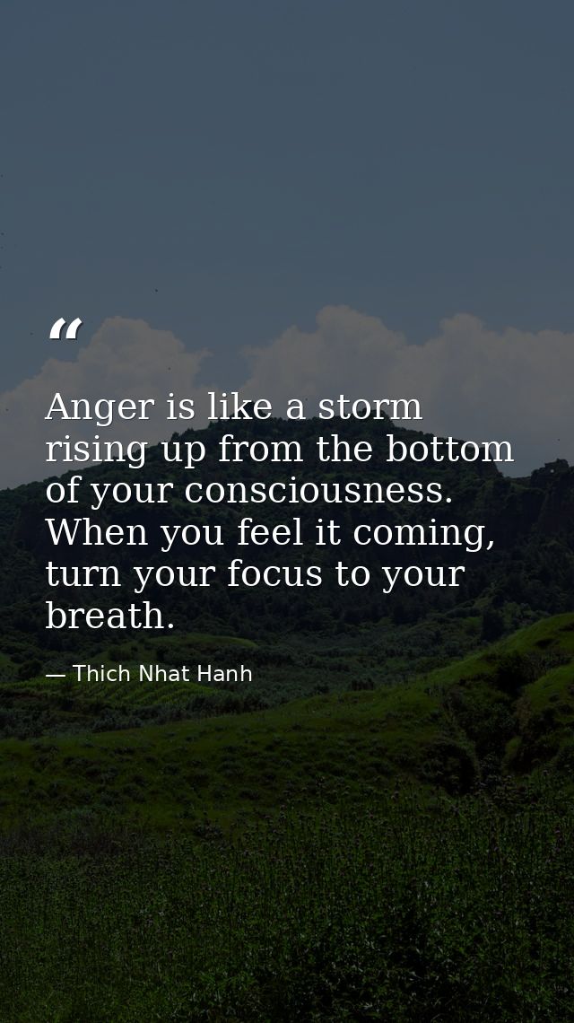 Anger is like a storm rising up from the bottom of your consciousness. When you feel it coming, turn your focus to your  — Thich Nhat Hanh