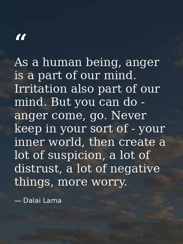 As a human being, anger is a part of our mind. Irritation also part of our mind. But you can do - anger come, go. Never  — Dalai Lama