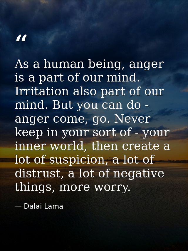 As a human being, anger is a part of our mind. Irritation also part of our mind. But you can do - anger come, go. Never  — Dalai Lama