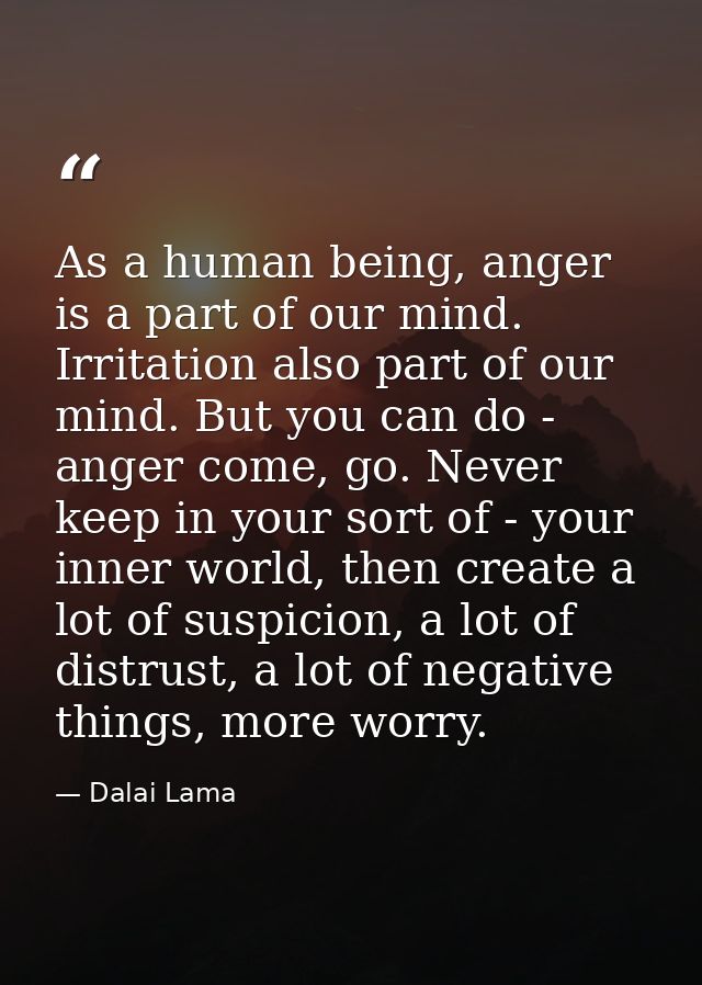 As a human being, anger is a part of our mind. Irritation also part of our mind. But you can do - anger come, go. Never  — Dalai Lama
