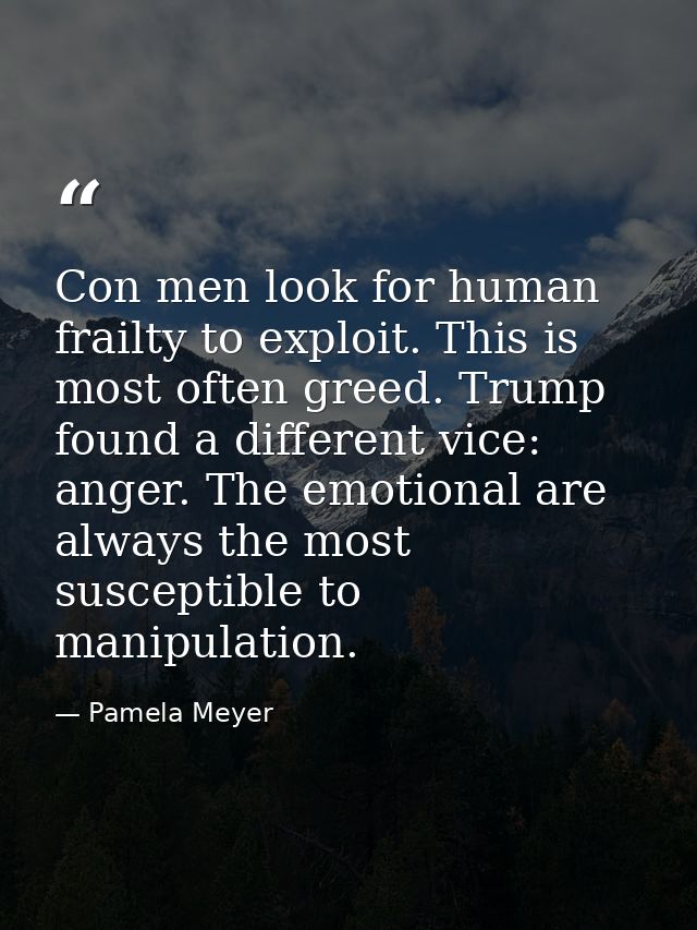 Con men look for human frailty to exploit. This is most often greed. Trump found a different vice: anger. The emotional  — Pamela Meyer