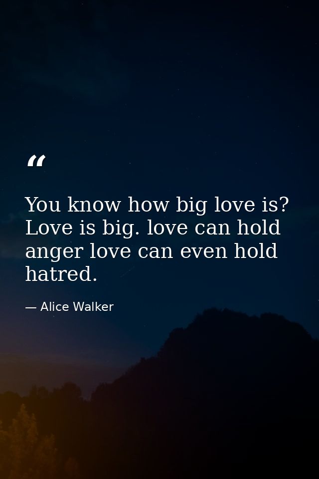 You know how big love is? Love is big. love can hold anger love can even hold hatred. — Alice Walker
