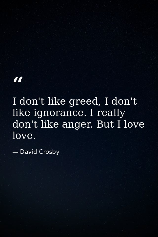 I don't like greed, I don't like ignorance. I really don't like anger. But I love love. — David Crosby