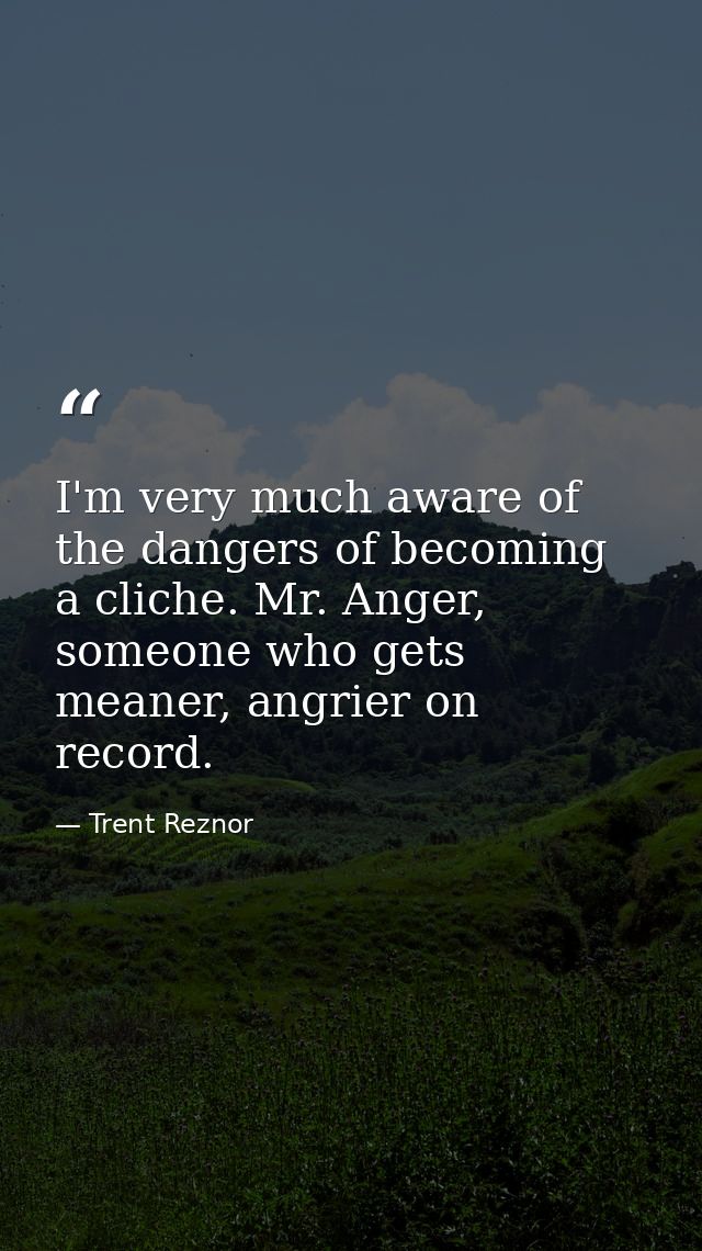 I'm very much aware of the dangers of becoming a cliche. Mr. Anger, someone who gets meaner, angrier on record. — Trent Reznor