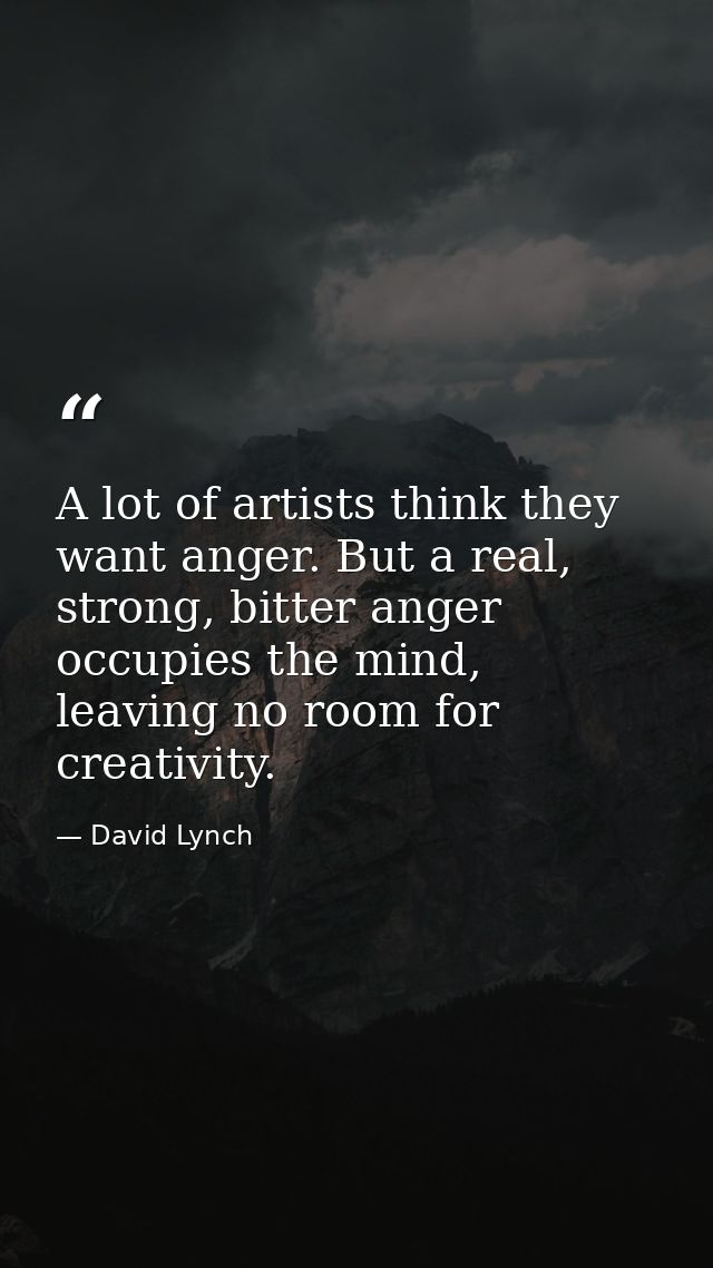 A lot of artists think they want anger. But a real, strong, bitter anger occupies the mind, leaving no room for creativi — David Lynch