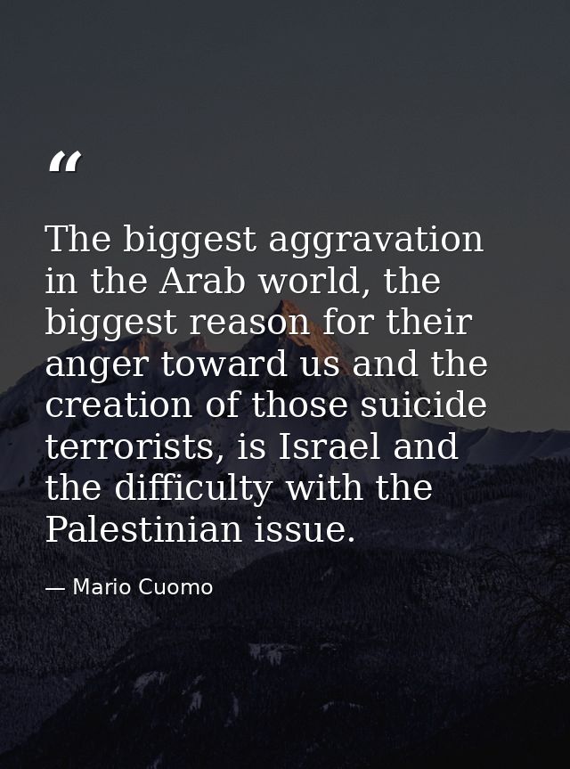 The biggest aggravation in the Arab world, the biggest reason for their anger toward us and the creation of those suicid — Mario Cuomo
