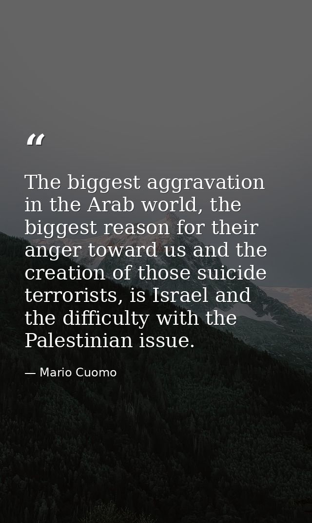 The biggest aggravation in the Arab world, the biggest reason for their anger toward us and the creation of those suicid — Mario Cuomo