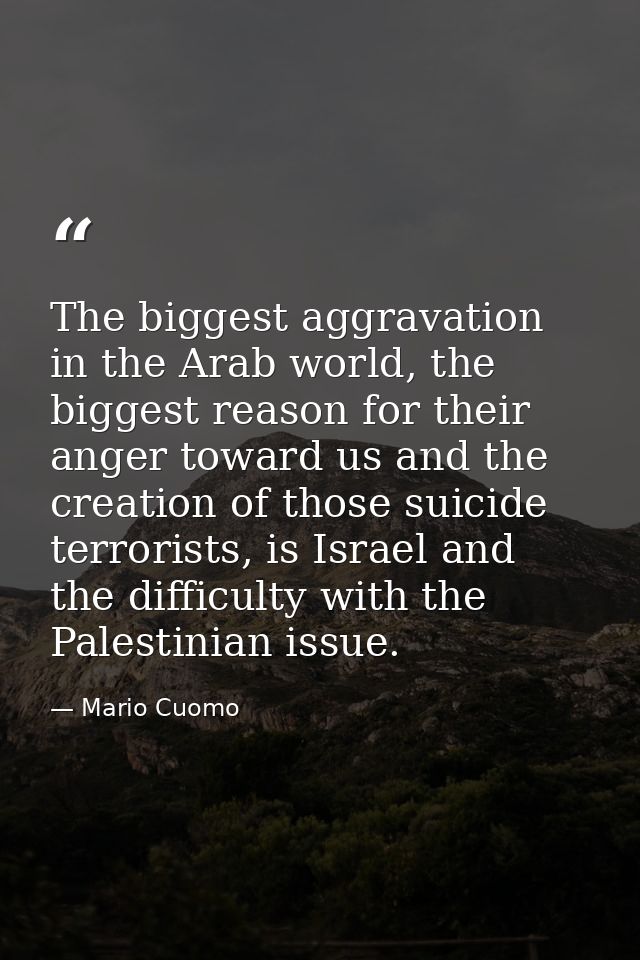 The biggest aggravation in the Arab world, the biggest reason for their anger toward us and the creation of those suicid — Mario Cuomo