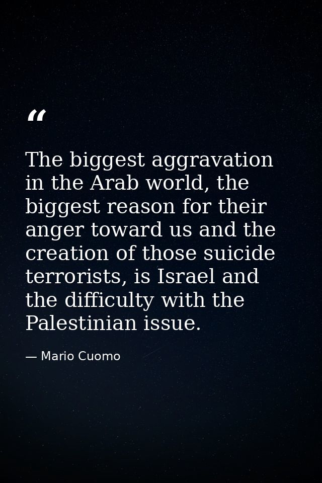The biggest aggravation in the Arab world, the biggest reason for their anger toward us and the creation of those suicid — Mario Cuomo