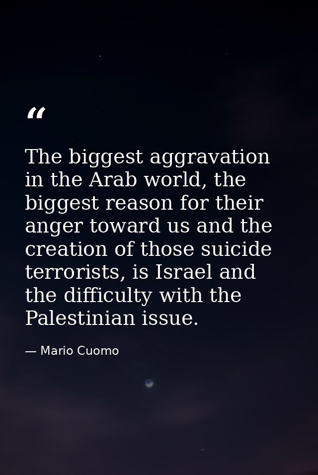 The biggest aggravation in the Arab world, the biggest reason for their anger toward us and the creation of those suicid — Mario Cuomo