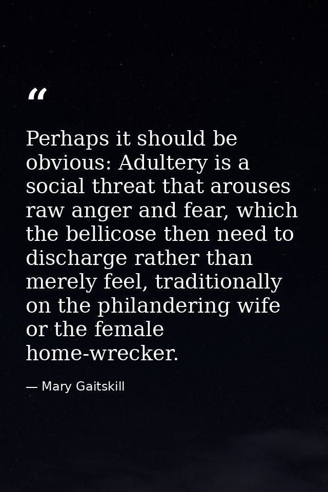Perhaps it should be obvious: Adultery is a social threat that arouses raw anger and fear, which the bellicose then need — Mary Gaitskill