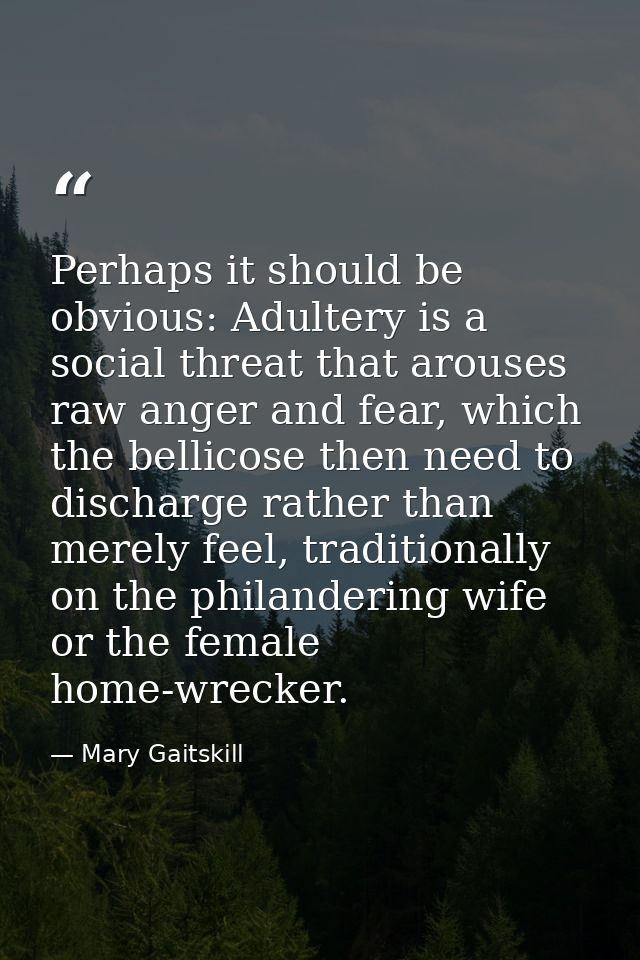 Perhaps it should be obvious: Adultery is a social threat that arouses raw anger and fear, which the bellicose then need — Mary Gaitskill