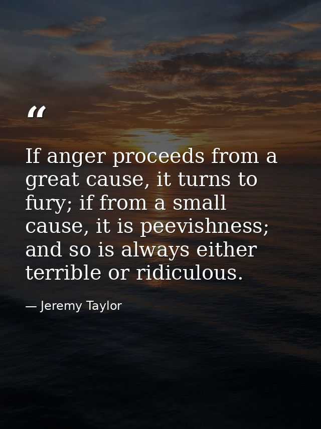 If anger proceeds from a great cause, it turns to fury; if from a small cause, it is peevishness; and so is always eithe — Jeremy Taylor