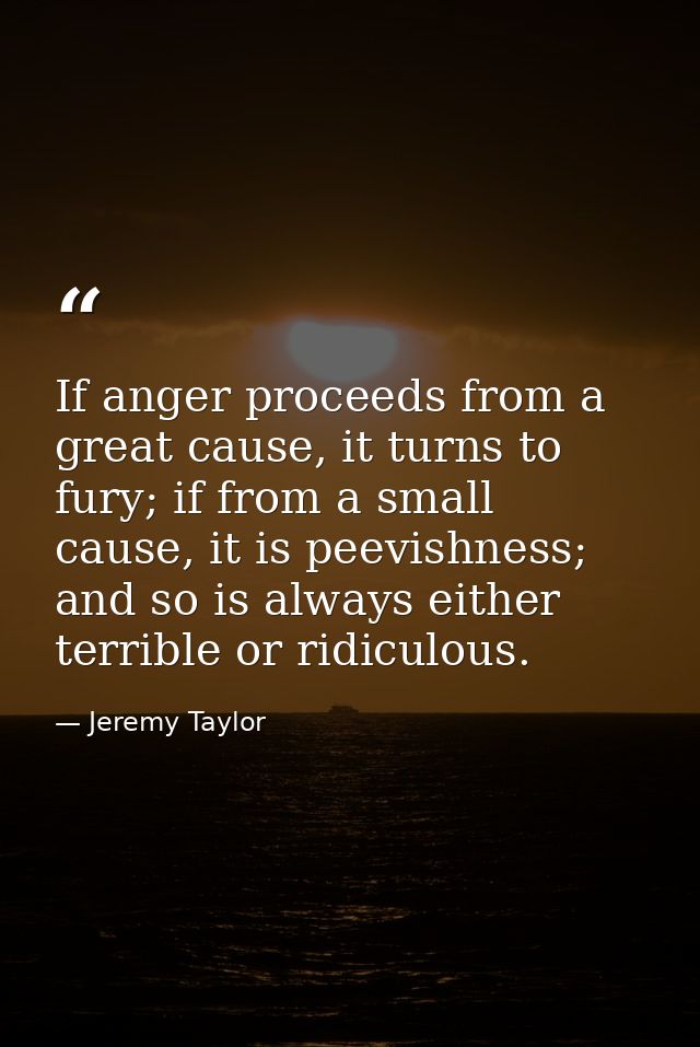If anger proceeds from a great cause, it turns to fury; if from a small cause, it is peevishness; and so is always eithe — Jeremy Taylor
