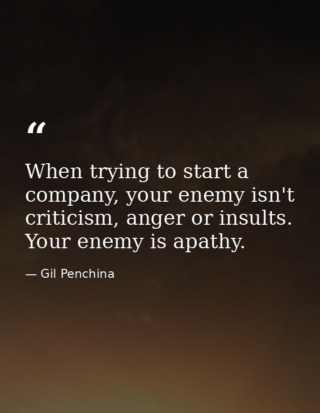 When trying to start a company, your enemy isn't criticism, anger or insults. Your enemy is apathy. — Gil Penchina