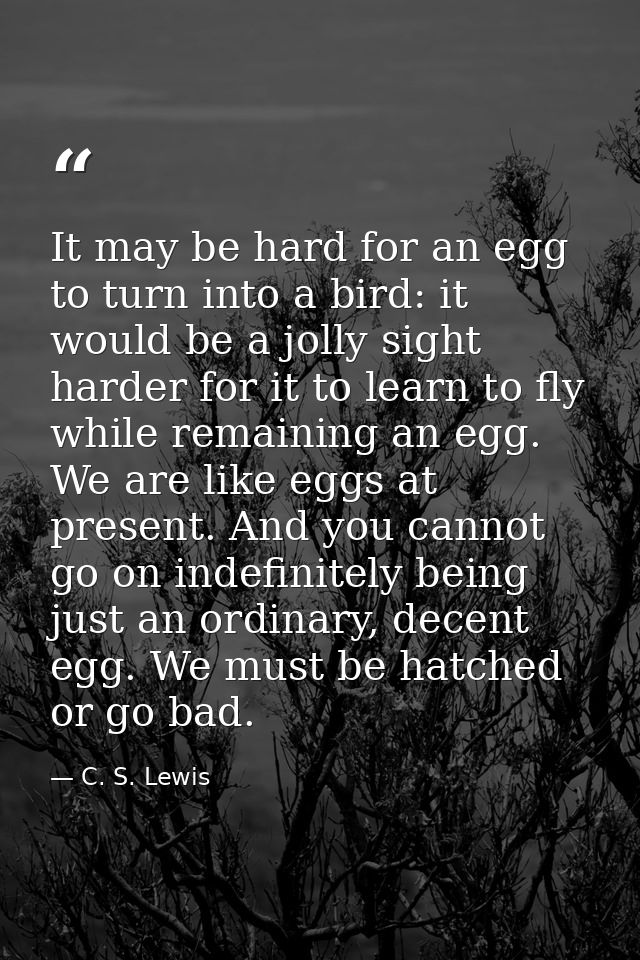 It may be hard for an egg to turn into a bird: it would be a jolly sight harder for it to learn to fly while remaining a — C. S. Lewis