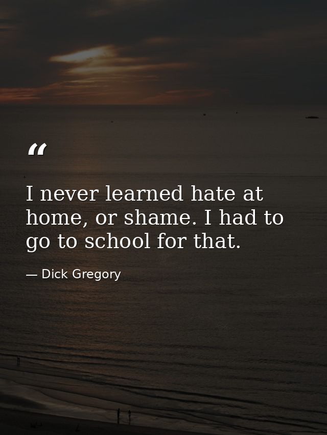 I never learned hate at home, or shame. I had to go to school for that. — Dick Gregory