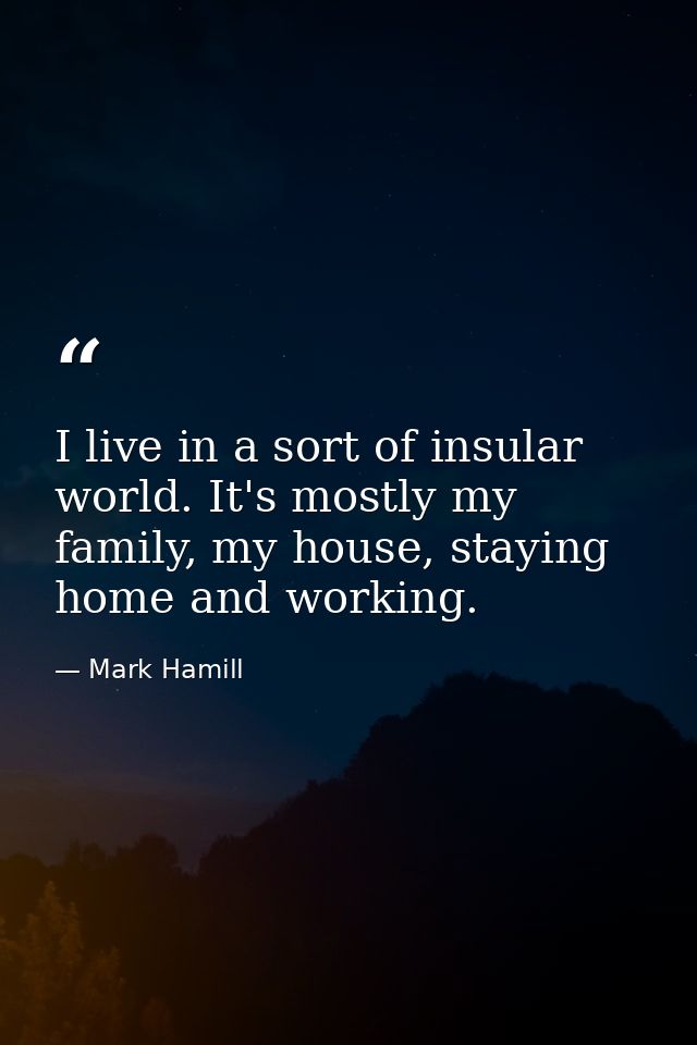 I live in a sort of insular world. It's mostly my family, my house, staying home and working. — Mark Hamill