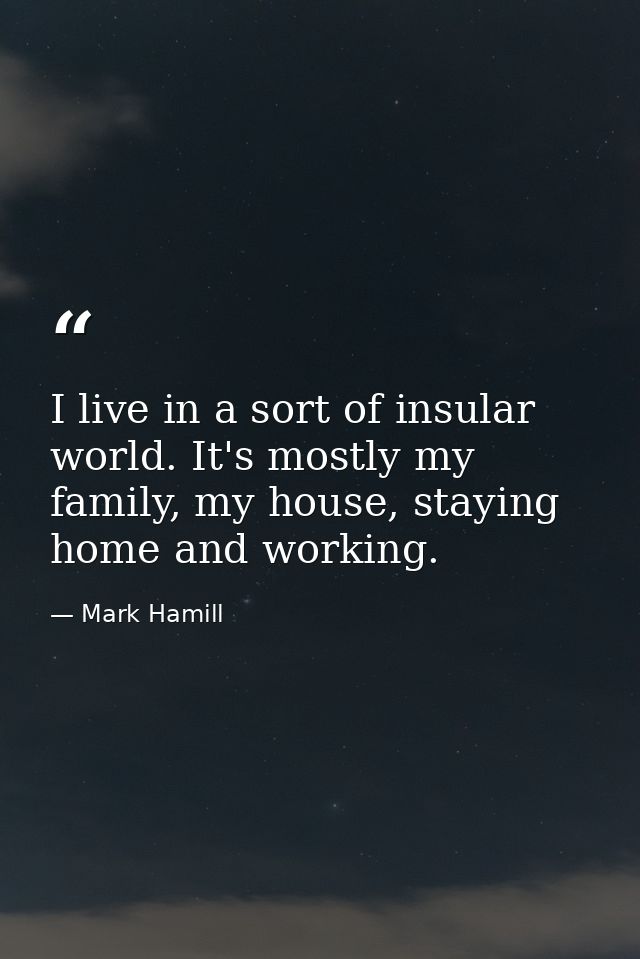 I live in a sort of insular world. It's mostly my family, my house, staying home and working. — Mark Hamill