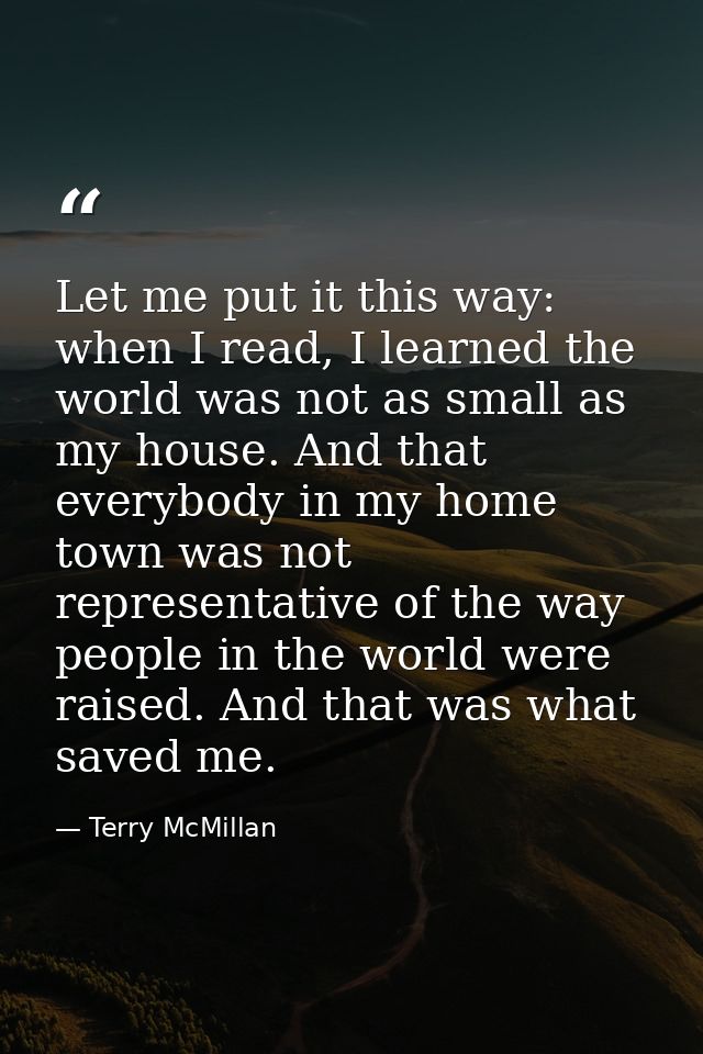 Let me put it this way: when I read, I learned the world was not as small as my house. And that everybody in my home tow — Terry McMillan