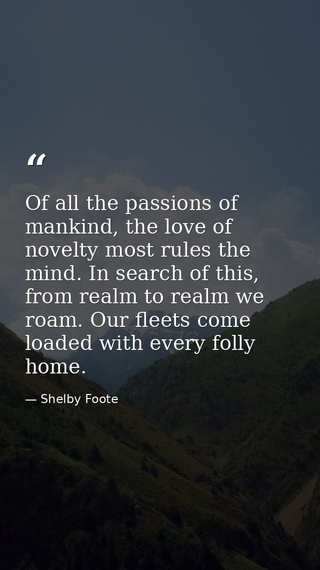 Of all the passions of mankind, the love of novelty most rules the mind. In search of this, from realm to realm we roam. — Shelby Foote