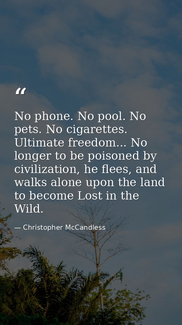 No phone. No pool. No pets. No cigarettes. Ultimate freedom... No longer to be poisoned by civilization, he flees, and w — Christopher McCandless