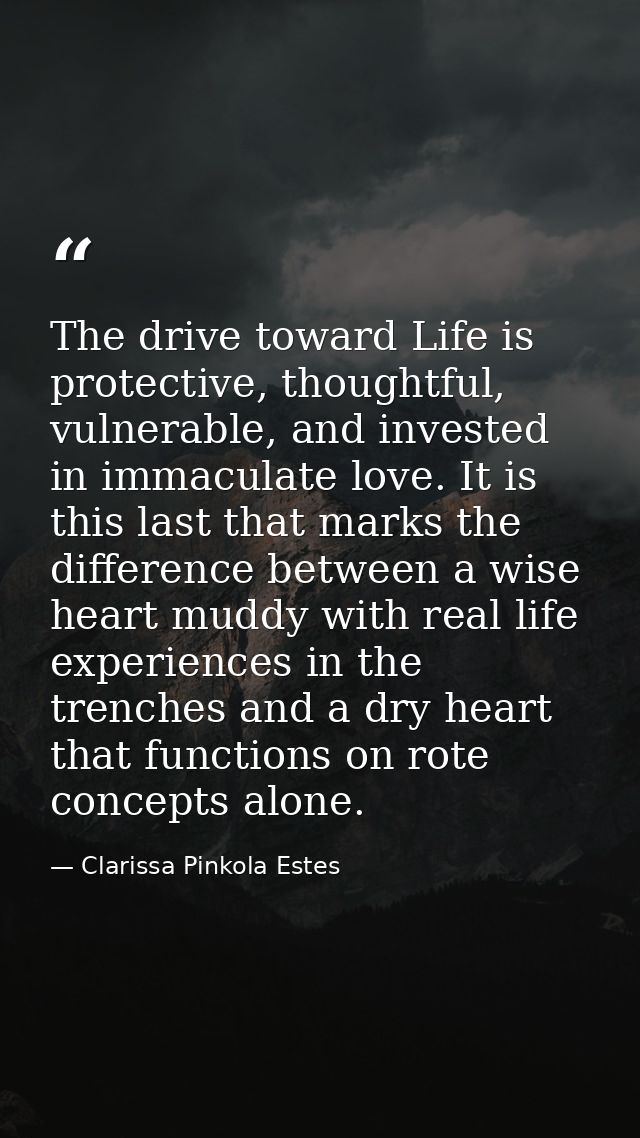 The drive toward Life is protective, thoughtful, vulnerable, and invested in immaculate love. It is this last that marks — Clarissa Pinkola Estes