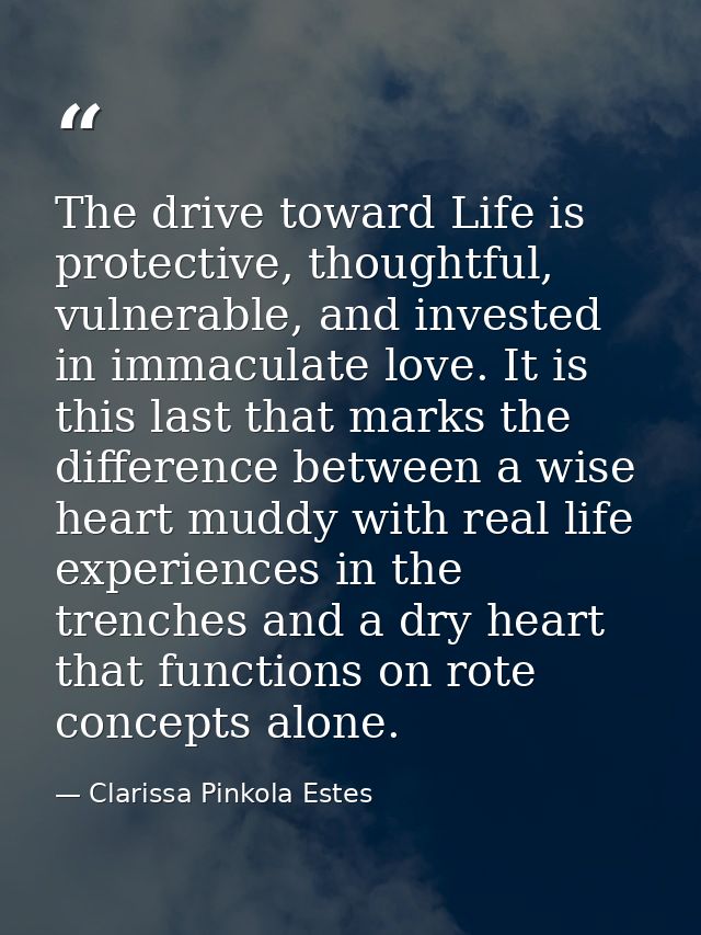 The drive toward Life is protective, thoughtful, vulnerable, and invested in immaculate love. It is this last that marks — Clarissa Pinkola Estes