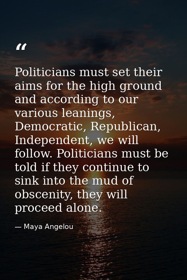 Politicians must set their aims for the high ground and according to our various leanings, Democratic, Republican, Indep — Maya Angelou