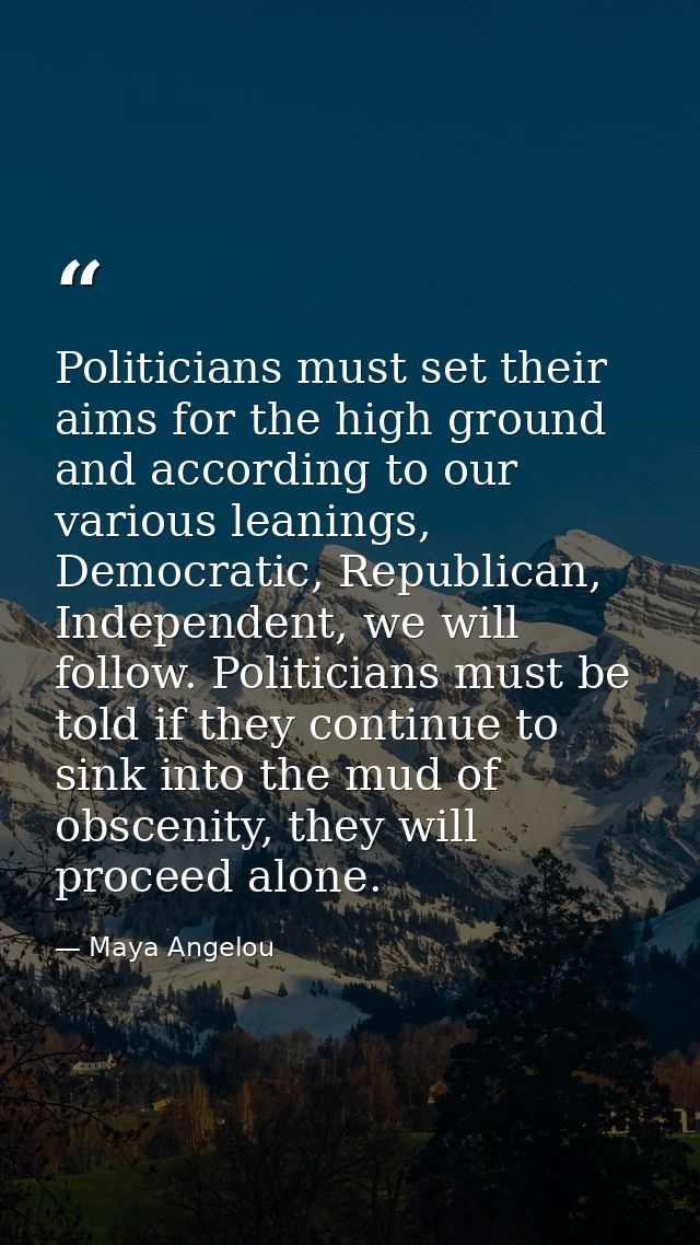 Politicians must set their aims for the high ground and according to our various leanings, Democratic, Republican, Indep — Maya Angelou