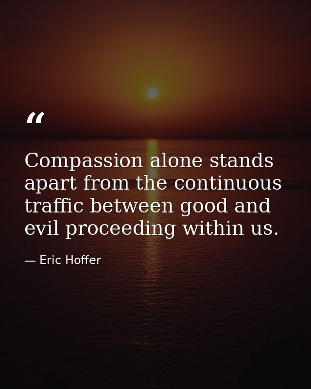 Compassion alone stands apart from the continuous traffic between good and evil proceeding within us. — Eric Hoffer