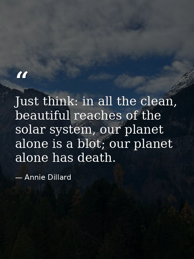 Just think: in all the clean, beautiful reaches of the solar system, our planet alone is a blot; our planet alone has de — Annie Dillard
