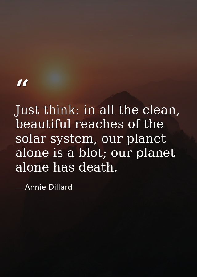 Just think: in all the clean, beautiful reaches of the solar system, our planet alone is a blot; our planet alone has de — Annie Dillard