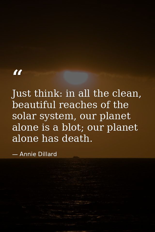 Just think: in all the clean, beautiful reaches of the solar system, our planet alone is a blot; our planet alone has de — Annie Dillard