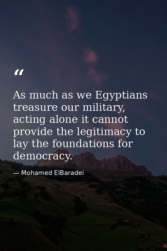 As much as we Egyptians treasure our military, acting alone it cannot provide the legitimacy to lay the foundations for  — Mohamed ElBaradei