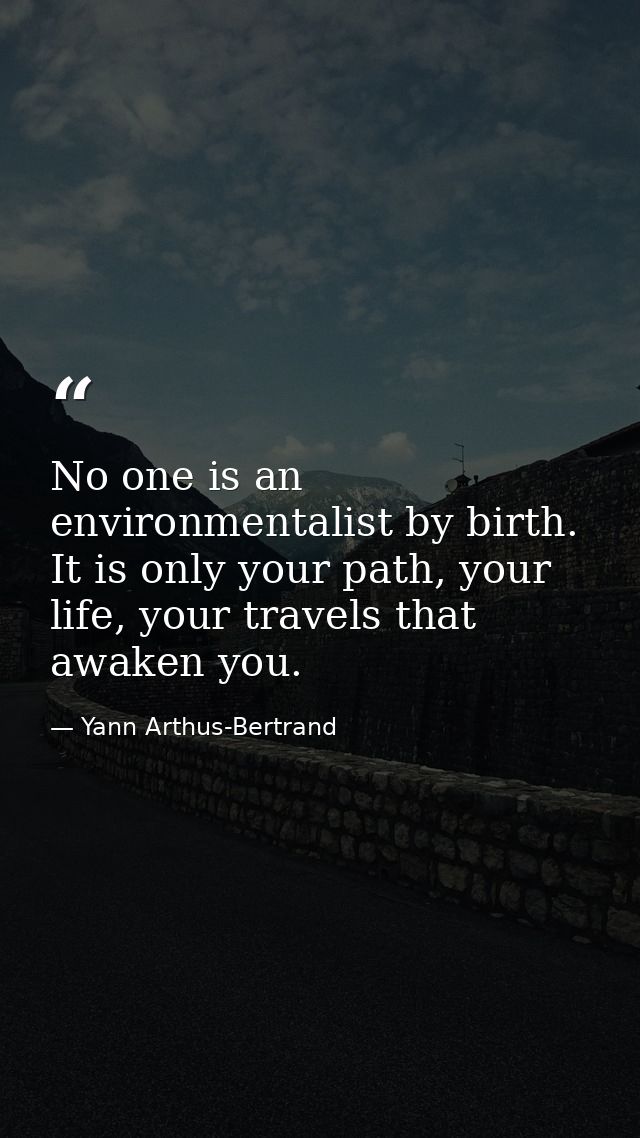No one is an environmentalist by birth. It is only your path, your life, your travels that awaken you. — Yann Arthus-Bertrand
