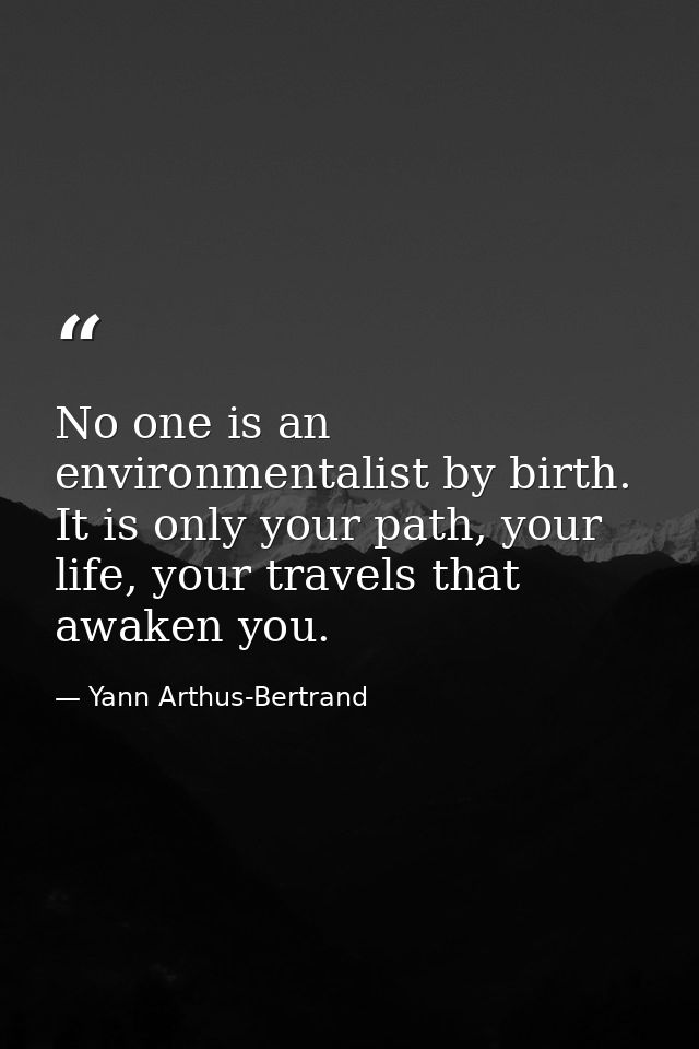 No one is an environmentalist by birth. It is only your path, your life, your travels that awaken you. — Yann Arthus-Bertrand
