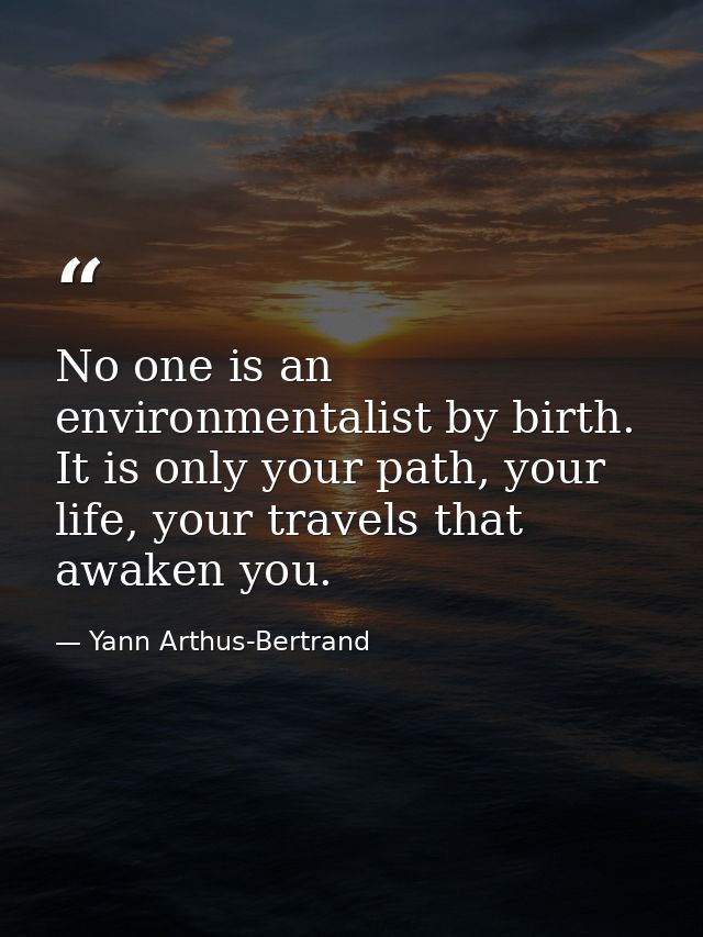 No one is an environmentalist by birth. It is only your path, your life, your travels that awaken you. — Yann Arthus-Bertrand