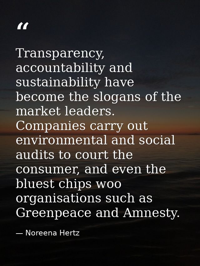 Transparency, accountability and sustainability have become the slogans of the market leaders. Companies carry out envir — Noreena Hertz