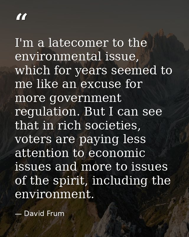 I'm a latecomer to the environmental issue, which for years seemed to me like an excuse for more government regulation.  — David Frum