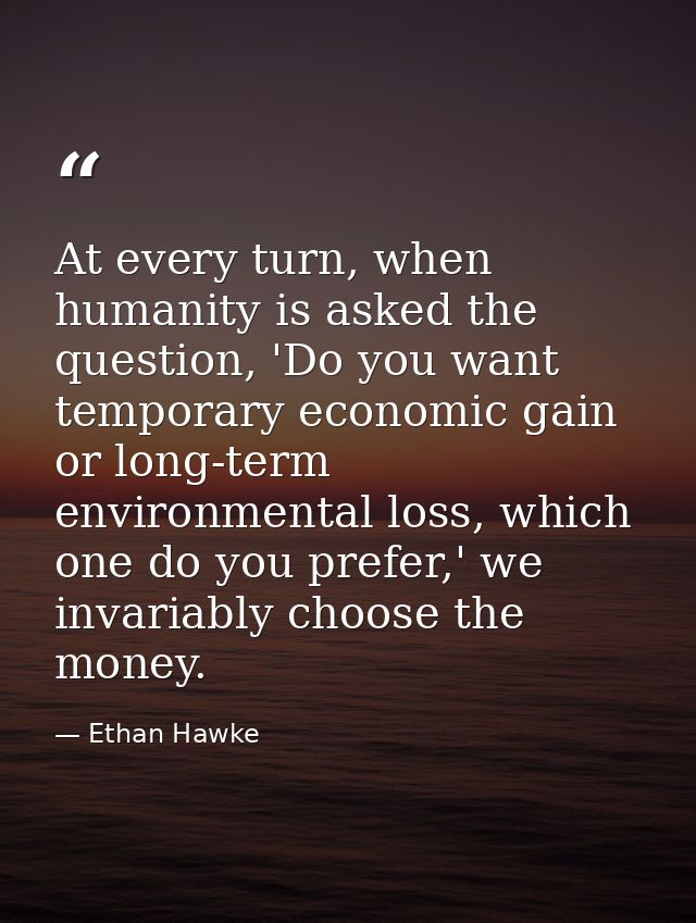 At every turn, when humanity is asked the question, 'Do you want temporary economic gain or long-term environmental loss — Ethan Hawke