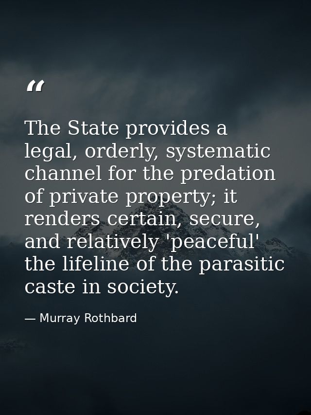 The State provides a legal, orderly, systematic channel for the predation of private property; it renders certain, secur — Murray Rothbard