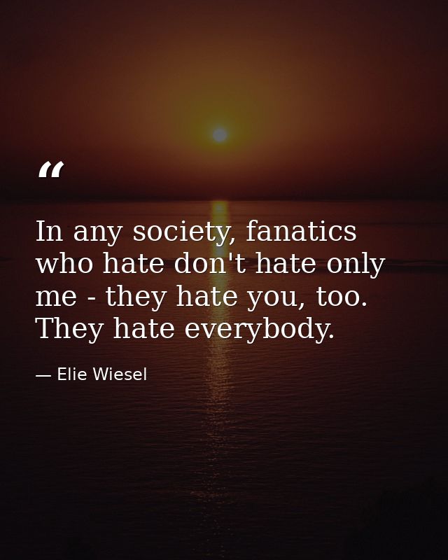 In any society, fanatics who hate don't hate only me - they hate you, too. They hate everybody. — Elie Wiesel